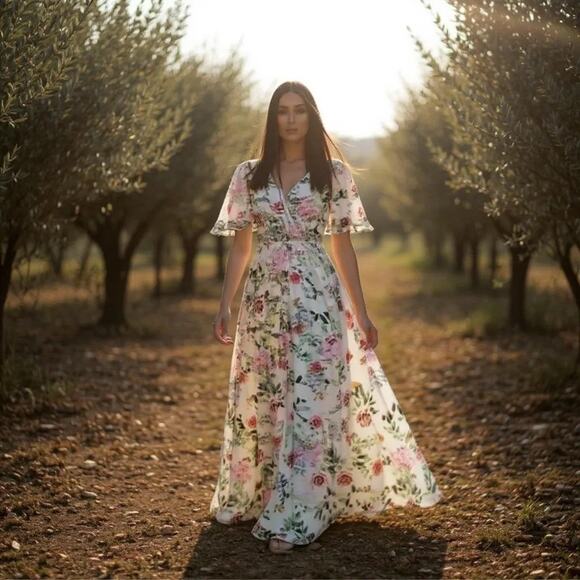 Mac Duggal Floral Print Faux Wrap Flutter Sleeve A-Line Gown Multicolor 4 NWOT